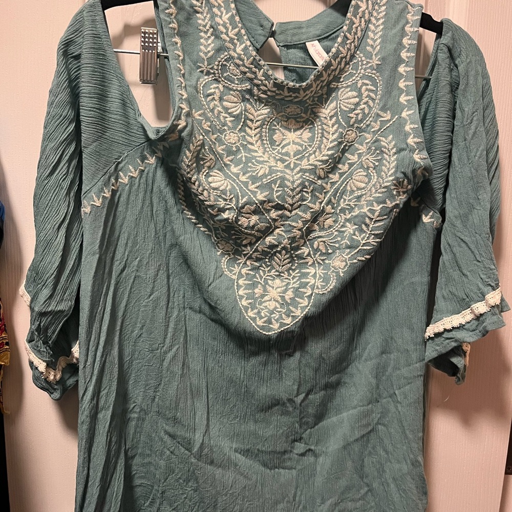 Boho Embroidered Teal Women's Top